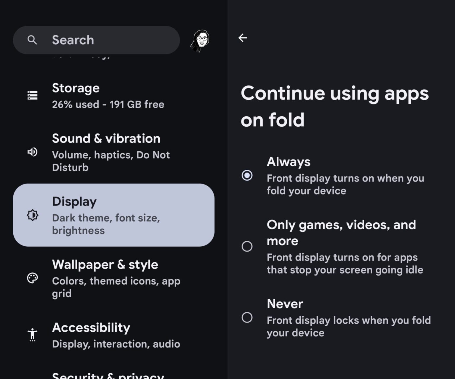 Google Pixel Fold får stöd för användning från den inre displayen till den yttre A14qpr1beta1 outer screen app continuity